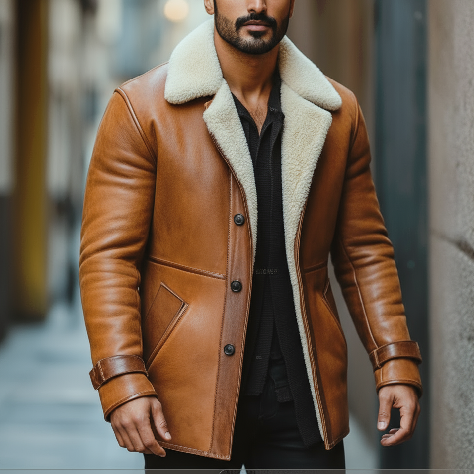 Man wearing a brown leather coat with white fur lining in an urban setting
