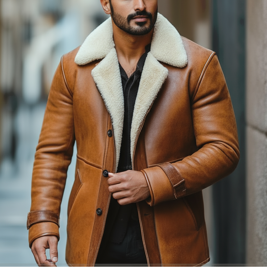Man wearing a brown leather coat with white fur collar on a blurred street background