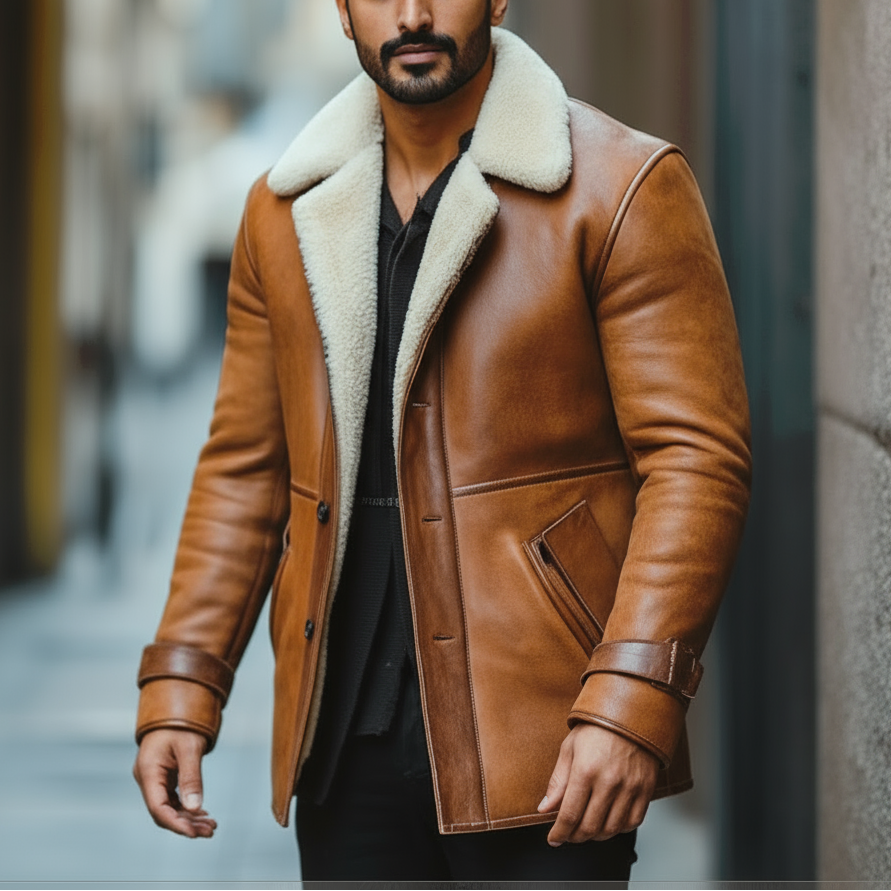 Man wearing a brown leather coat with white fur lining on a city street.