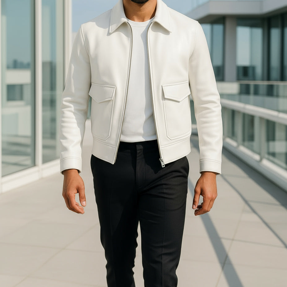 Man wearing a white jacket and black pants on a modern building rooftop.