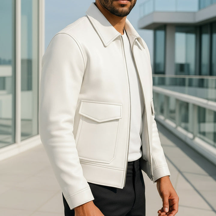 Man wearing a white jacket on a modern building rooftop