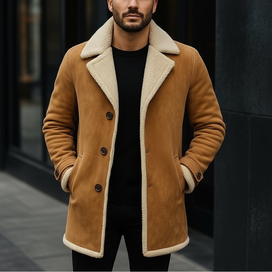 Man wearing a brown shearling coat with a blurred background