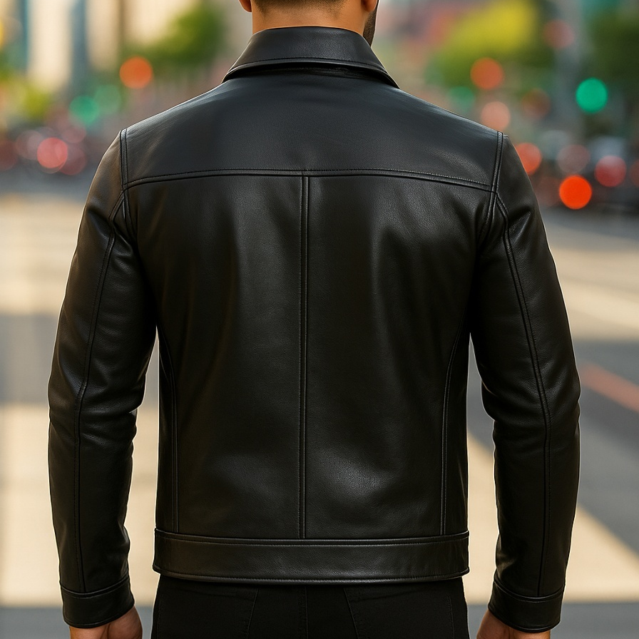 Person wearing a black leather jacket on a city street.