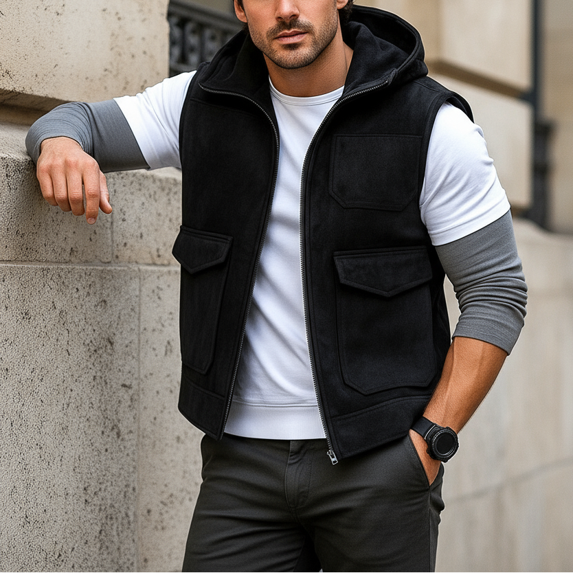 Man wearing a black vest over a white shirt, leaning against a stone wall.