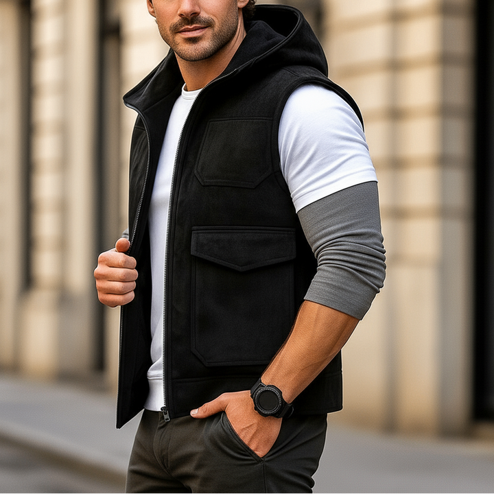 Man wearing a black vest over a white shirt with gray sleeves, standing in an urban setting.