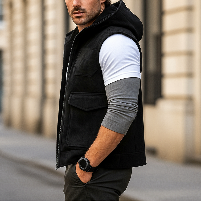 Man wearing a black vest over a white shirt with gray sleeves, standing on a street.