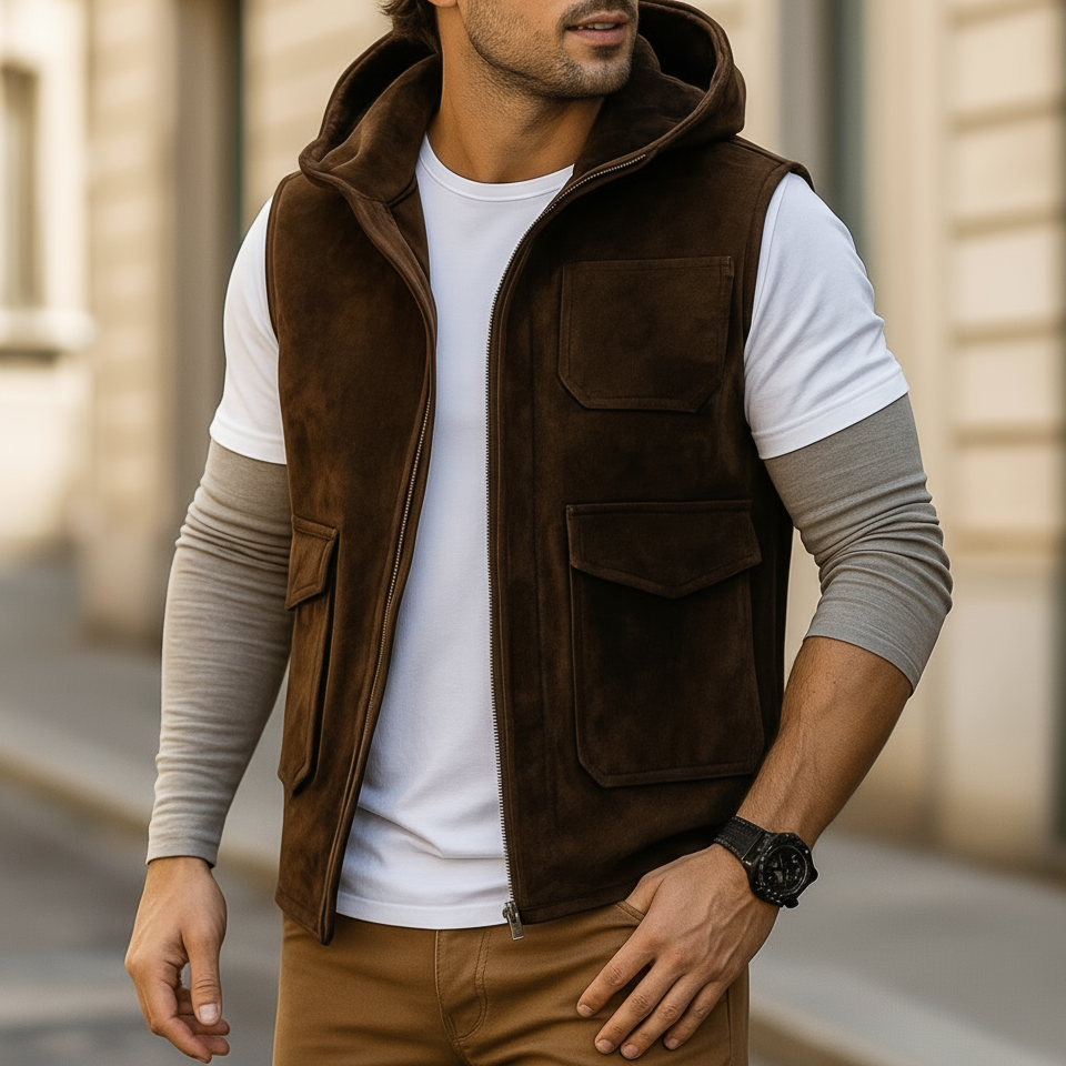 Man wearing a brown vest over a white shirt with a blurred background