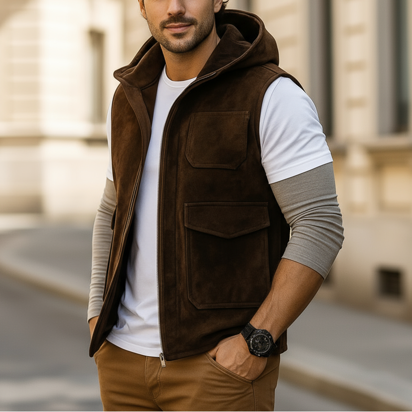 Man wearing a brown vest over a white shirt with a blurred building background