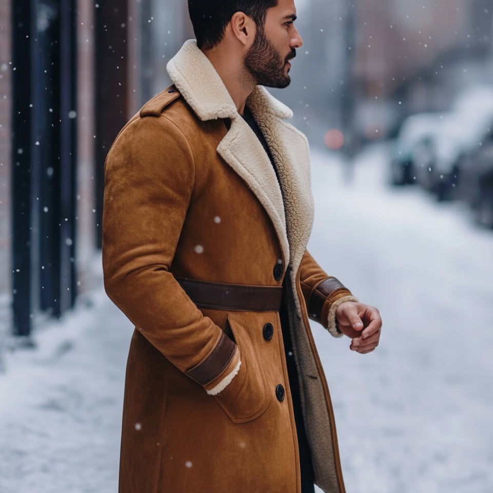 Man wearing a brown coat with white fur lining standing on a snowy street.