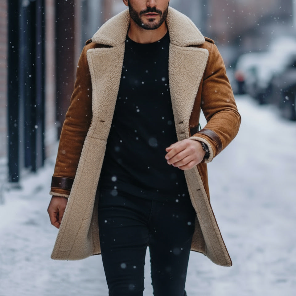 Man wearing a brown coat in a snowy street