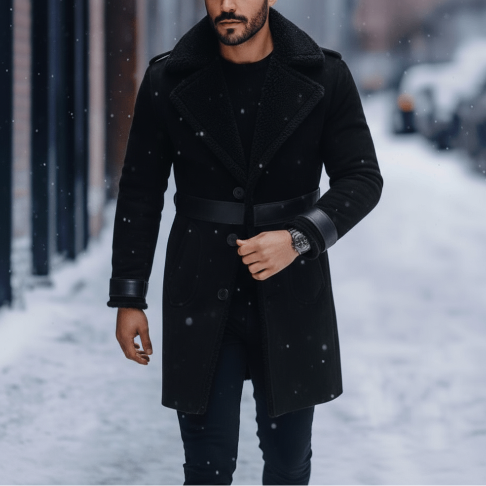 Man wearing a black coat standing on a snowy street