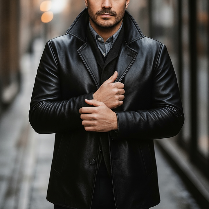 Man wearing a black leather coat standing in an urban alleyway.