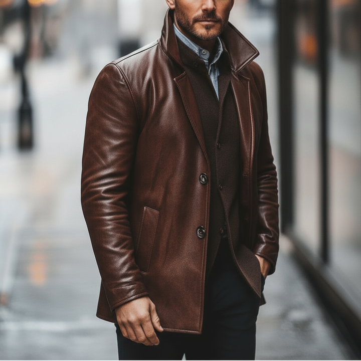 Man wearing a brown leather coat on a city street