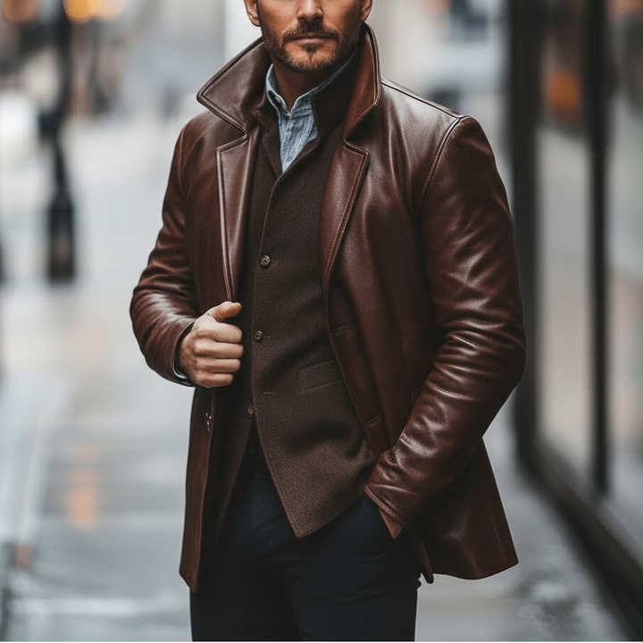 Man wearing a brown leather coat on a city street