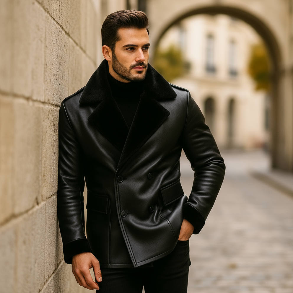 Man wearing a black leather coat standing against a stone wall in an urban setting.