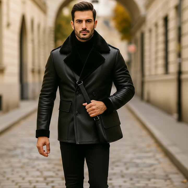 Man wearing a black leather coat on a city street