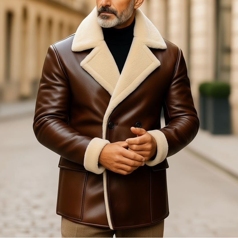 Man wearing a brown leather jacket with white fur lining on a city street.