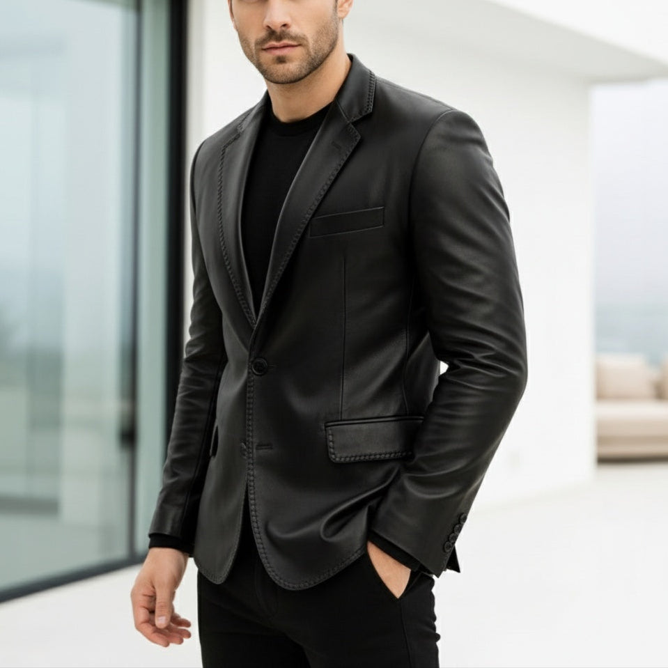 Man wearing a black leather jacket in an indoor setting
