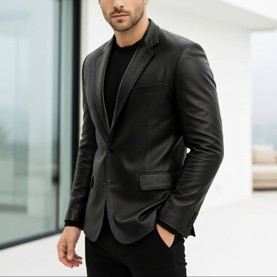 Man wearing a black leather jacket in an indoor setting