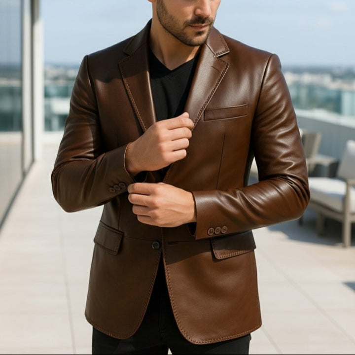 Man wearing a brown leather jacket on a balcony with a cityscape background