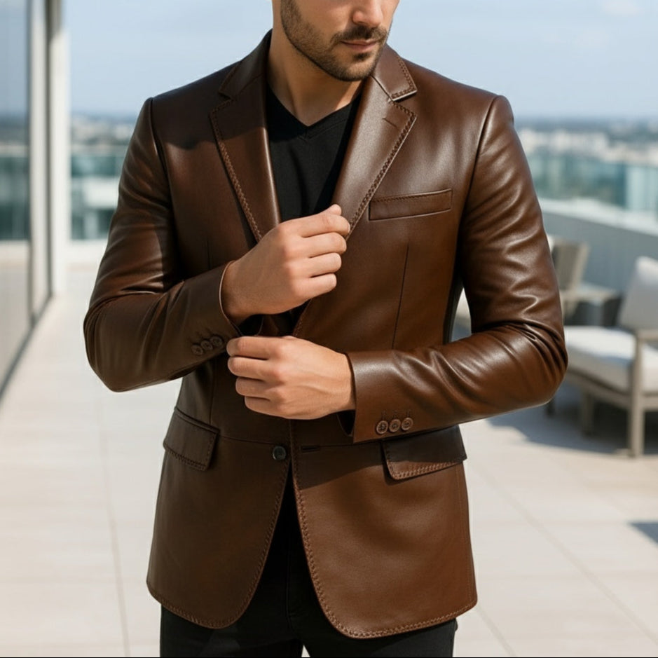 Man wearing a brown leather jacket on a balcony with a cityscape background